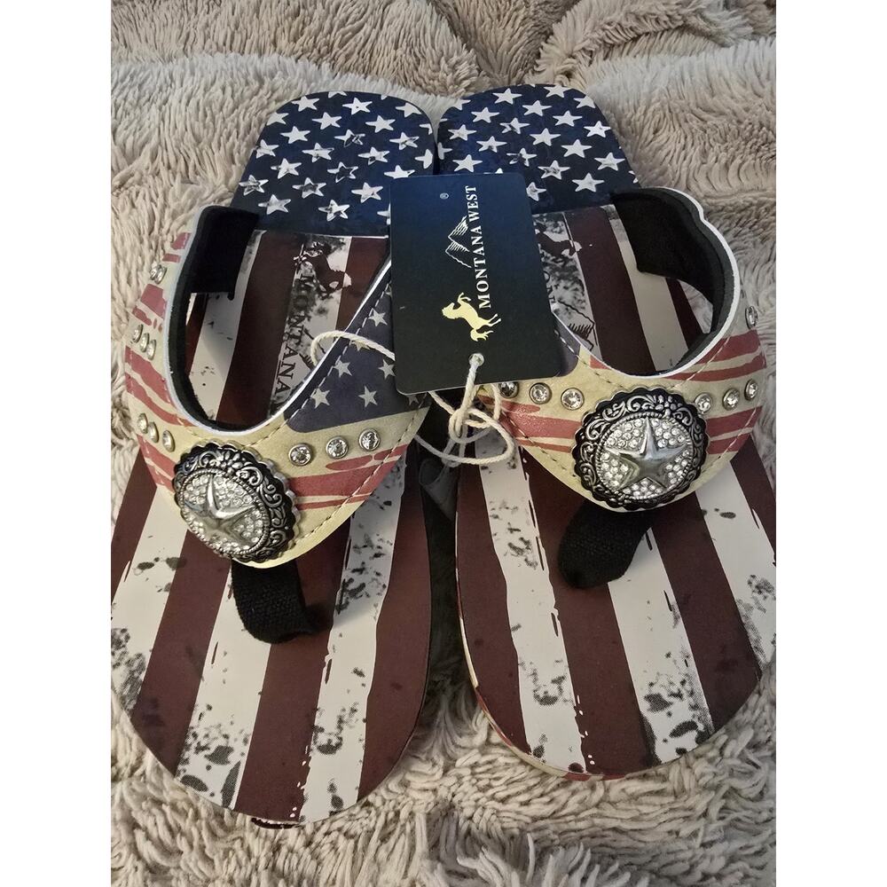 Montana West Women's Red White & Blue Flip Flops with Rhinestone Star Concho Sz9